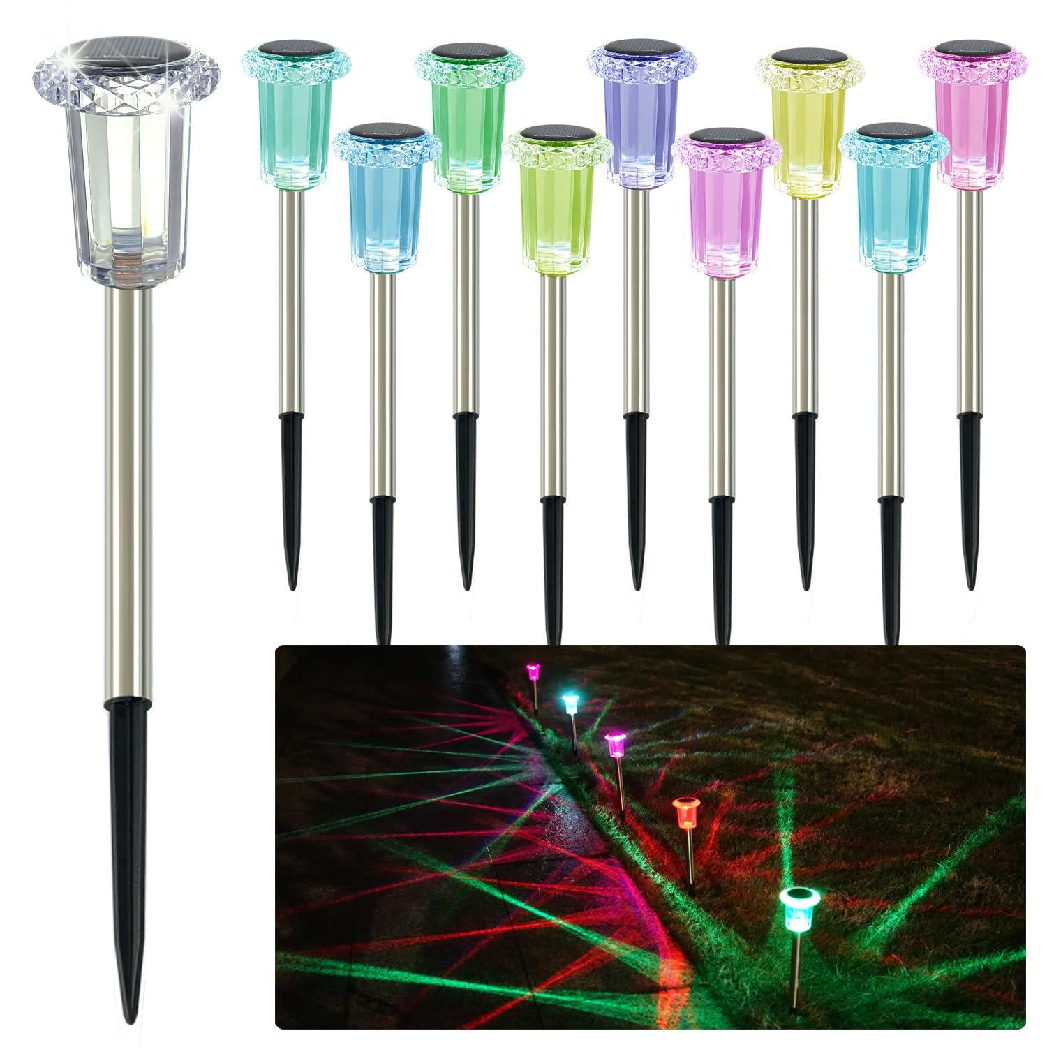 hixyer Christmas Solar Lights Color Changing 10 Pack, Upgraded Solar Pathway Lights Outdoor Waterproof Up to 12 Hours RGB LED Landscape Lighting Decorative for Garden Ground Patio Lawn Yard Walkway