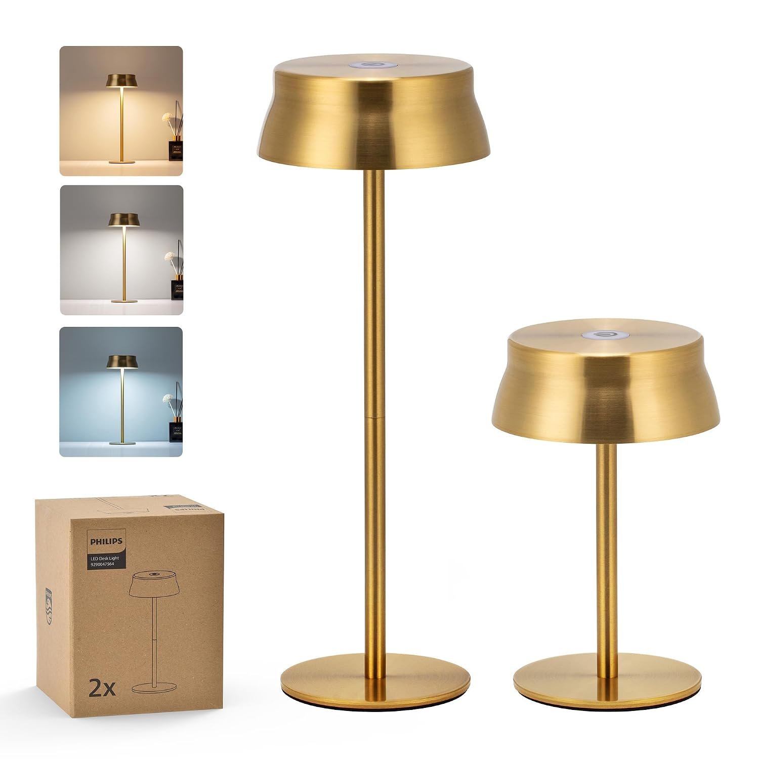 Philips Cordless Table Lamp, Portable Outdoor LED Desk Light, Rechargeable Battery Operated, 2 Adjustable Height, Touch Control & 3 Color Stepless Dimming, Waterproof Lamps for Bedroom, Gold