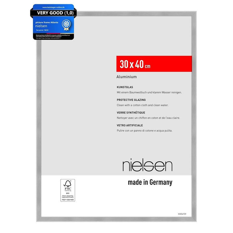 nielsen Atlanta Aluminium Picture Frame - Brushed Silver 30x40cm - with Synthetic Glass and Push-Turn Clips