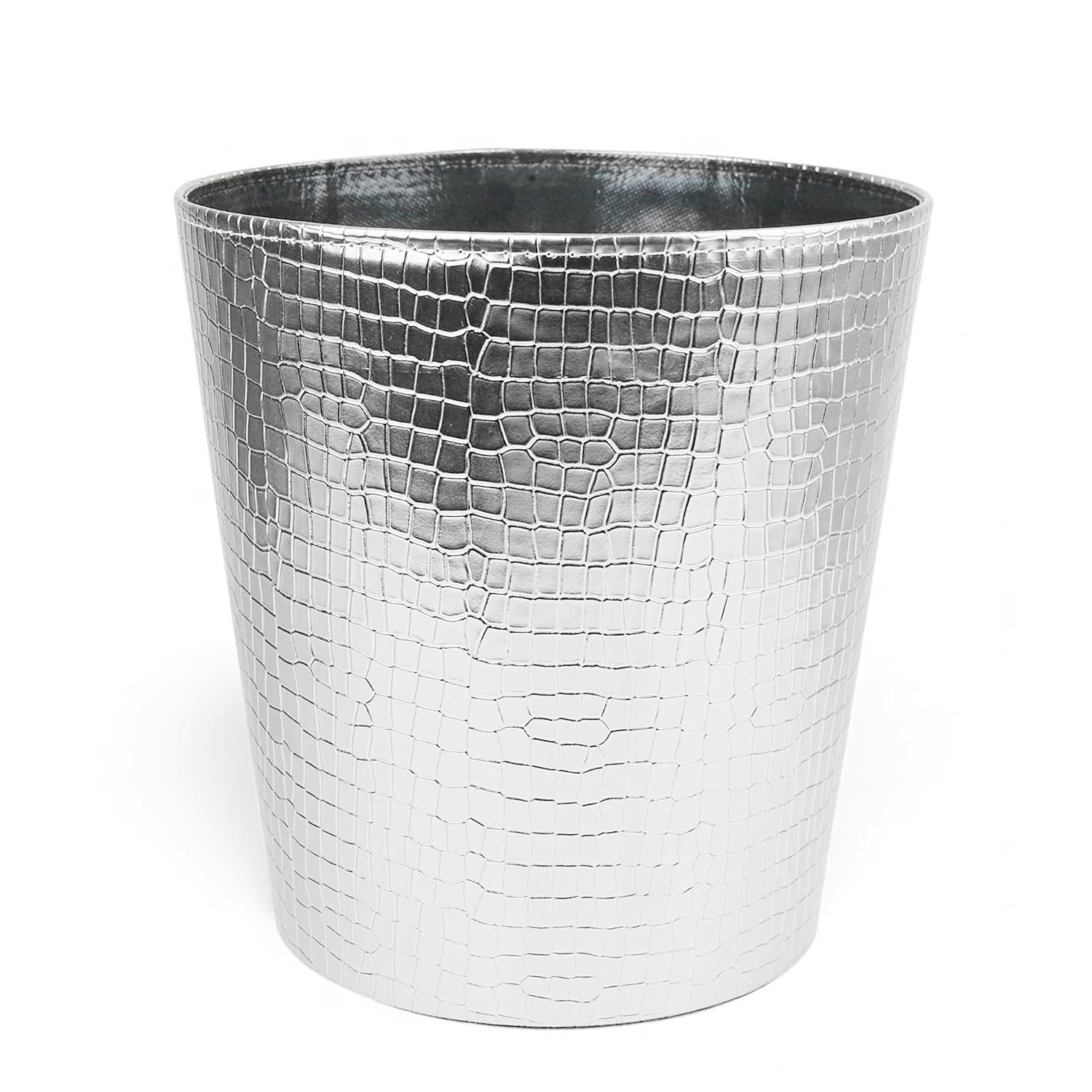 Emartbuy Faux Leather Croc Texture Dustbin – Stylish Waste Bin for Bedroom, Bathroom, Office & Home Décor | 27 x 25 x 25 cm Modern Rubbish Bin for Paper & Light Waste - Silver