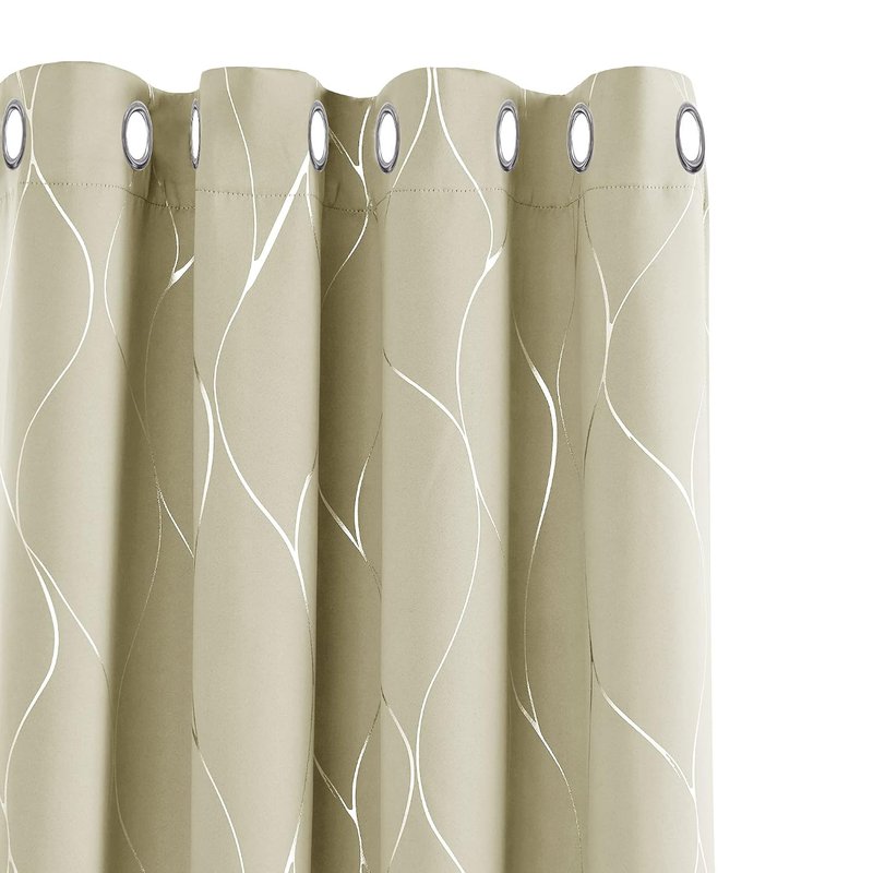 Deconovo Silver Wave Foil Printed Blackout Curtains, Room Darkening Curtains, Eyelet Curtains for Kids Bedroom, 66x72 Inch(Width x Length), Beige, One Pair
