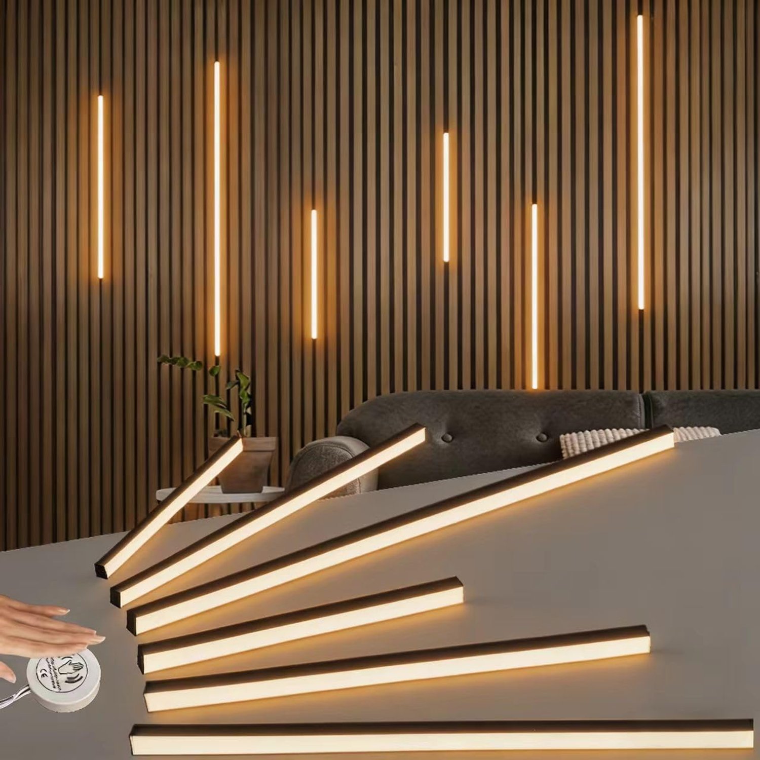 RYE LED Recessed Lighting Kit,6 Pack Self-Adhesive COB LED Light Bar, Warm White 3000K, with Touching Switch, for Wood Slat Wall Panels,Headboards,2 Pcs * (40+60+100cm),Black Channel
