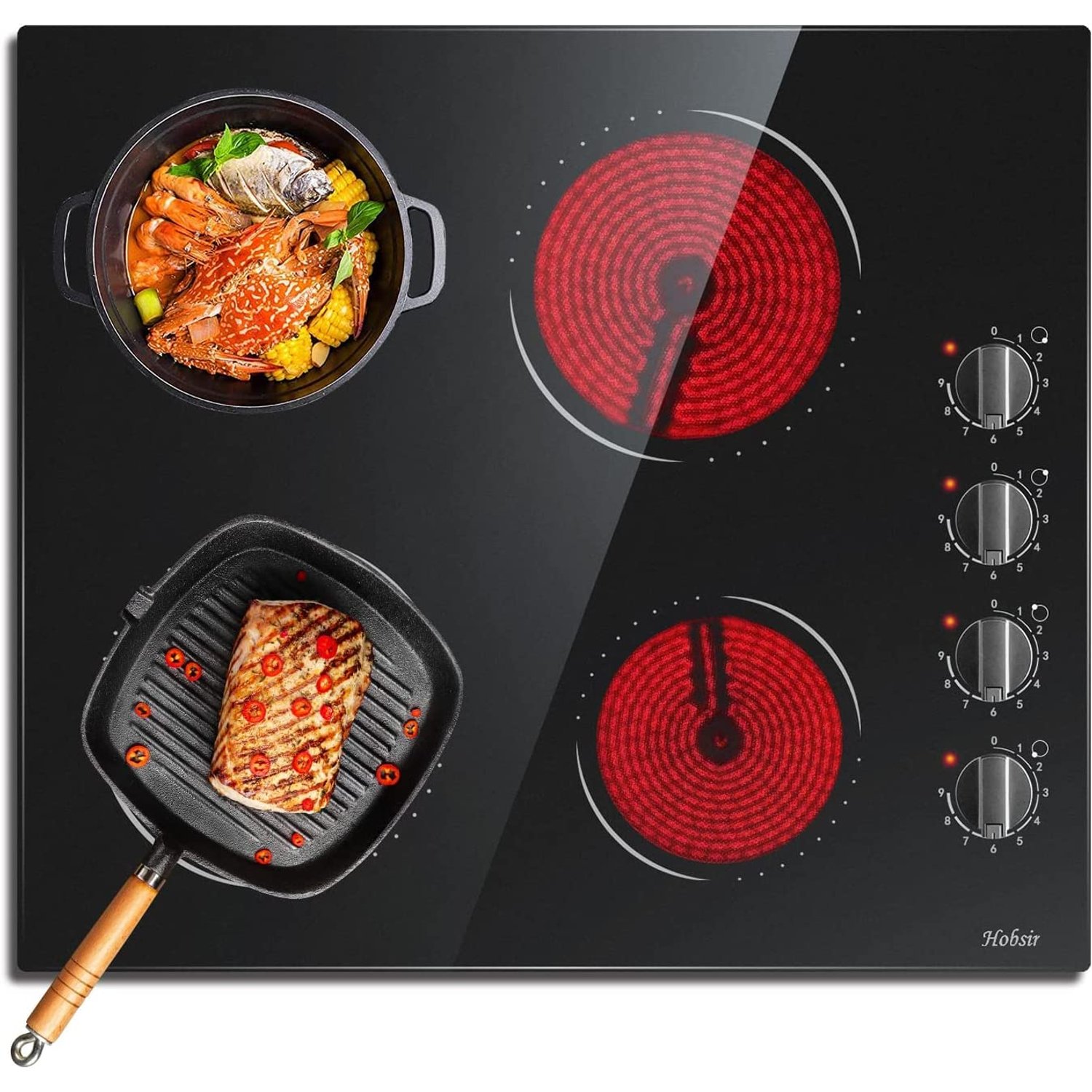 Hobsir Ceramic Hob with Knobs, Built-in Electric Cooker Hob 4 Burners 60 cm