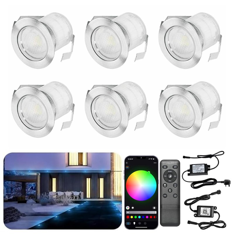 INDARUN RGB WiFi Led Decking Lights Waterproof IP67 Ø30MM - Led Plinth Lights for Terrace/Patio/Path/Wall/Garden/Decoration, 6 Packs