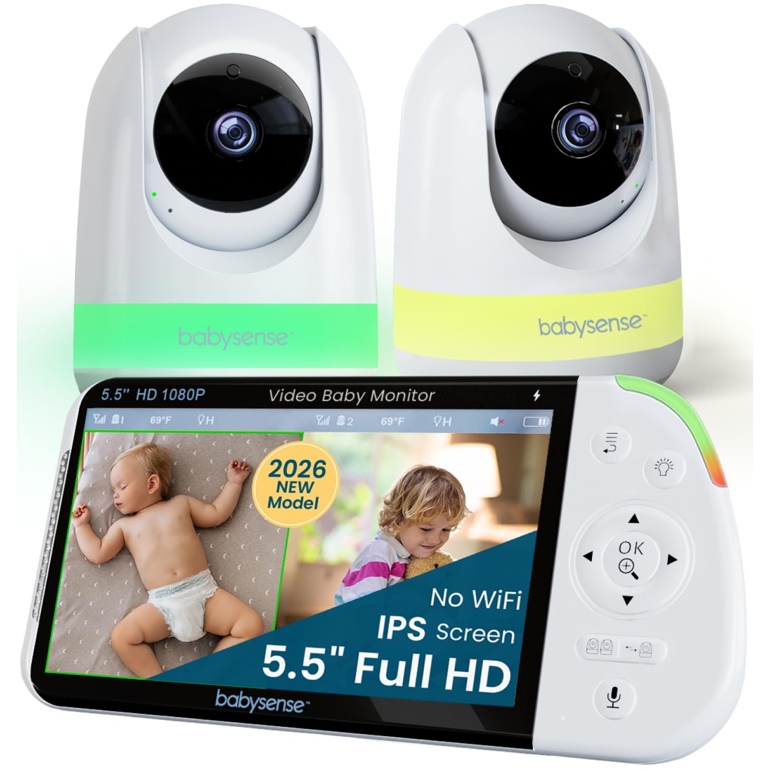 Babysense Full HD Split-Screen Baby Monitor with 2 PTZ Cameras, Two-Way Talk, 6-Color Night Light, 5000mAh Battery, Long Range, 4x Zoom, and Crystal-Clear Audio