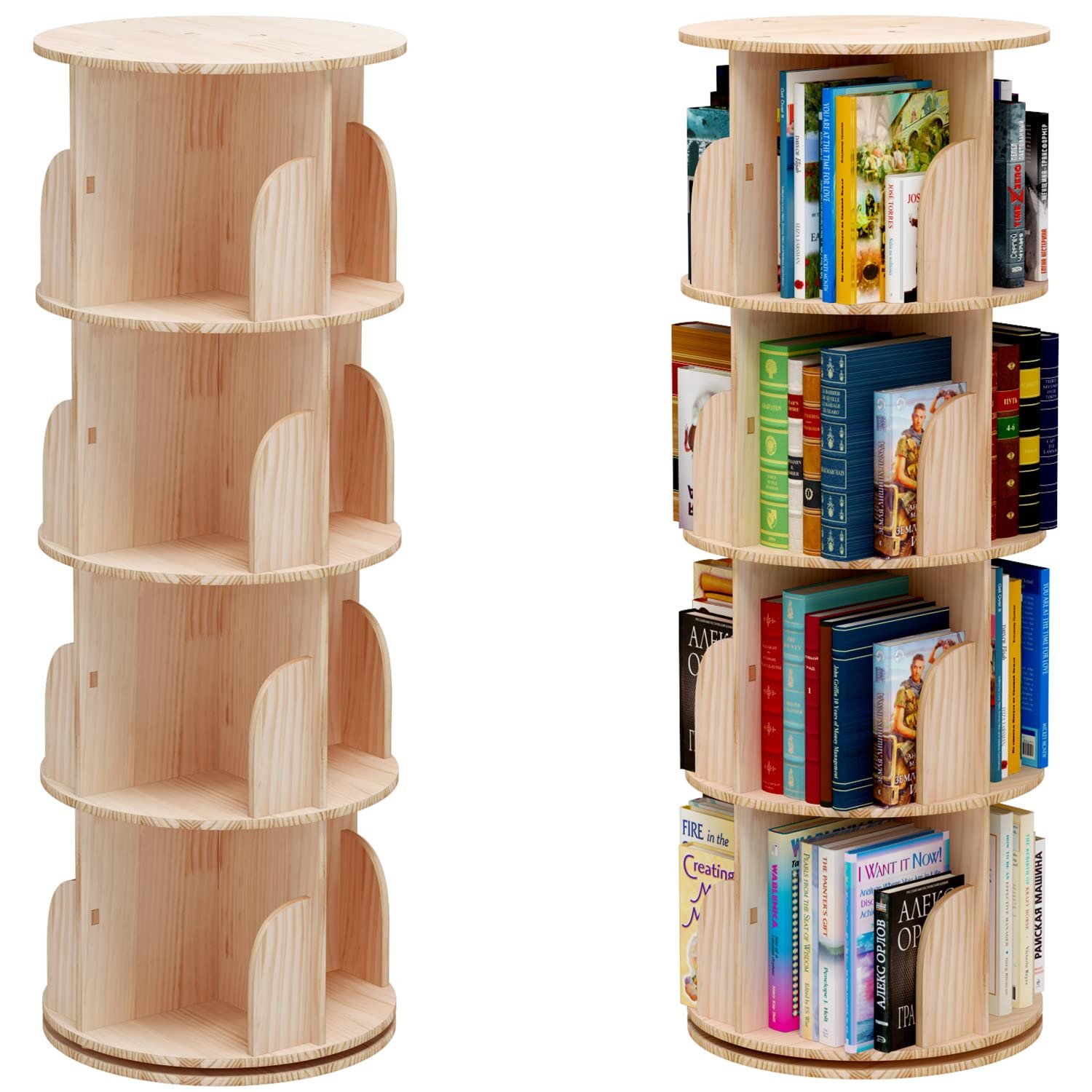 PTUWODS Rotating 360° Hexagonal Children's Bookcase - Tall Floor Standing Corner Book Shelf Storage Rack for Home Living Room Office (4 Tier)