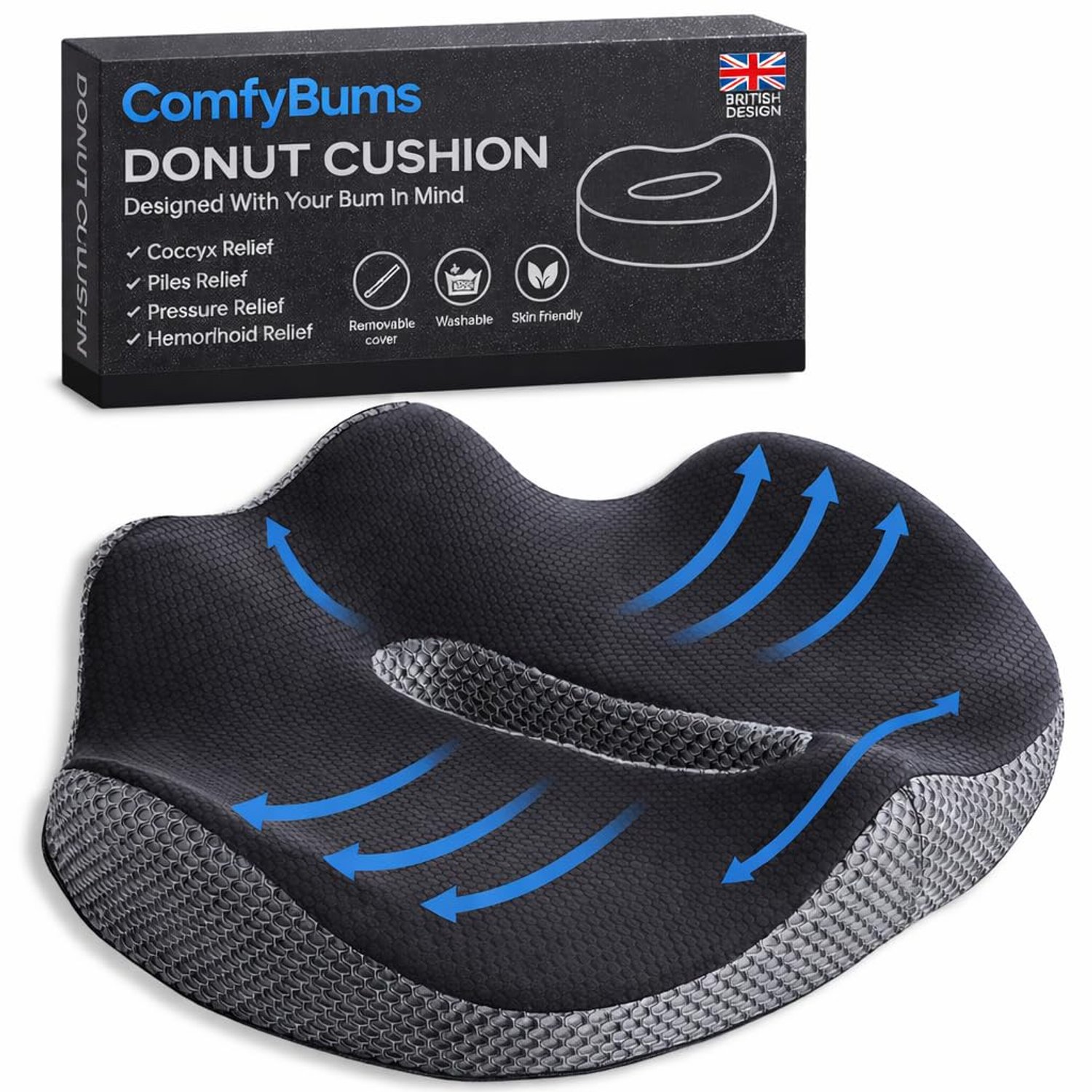 ComfyBums Hemorrhoid Donut Cushion For Coccyx, Tailbone, Piles Orthopaedic Pressure Relief - Memory Foam Pillow For Office Chair Seat Ring Cushions - Targets Sores & Pain Relief - Made For You