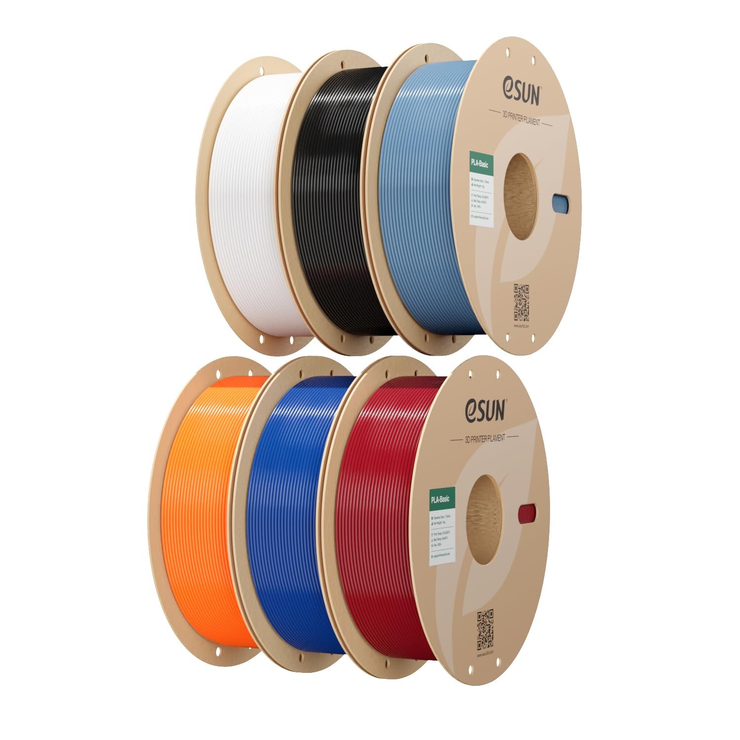eSUN PLA Filament 1.75mm, 6KG PLA Basic 3D Printing Filament, 1KG per Spool, 6 Spools for 3D Printers,Black+Cold White+Grey+Fire Engine Red+Blue+Orange