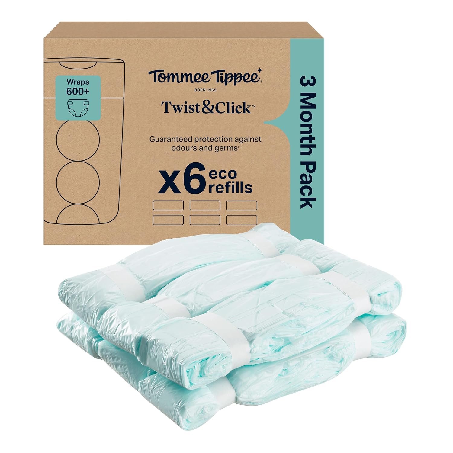 Tommee Tippee Twist & Click Nappy Bin Refills, Pack of 6, each 10.5 metres, Multilayer, Antibacterial* Film, Designed to Slot into Your Existing Twist & Click Nappy Bin Cassette (6 X 10.5m)