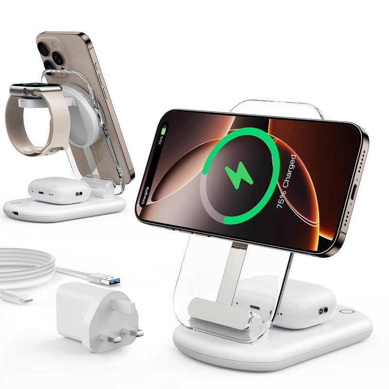 3 in 1 Wireless Charging Station for Apple Devices,Magnetic Wireless Charger Stand Docking Station Compatible with Mag Safe Charger for iPhone 17e/Air/17-12 Series Night Light,Apple Watch,AirPods