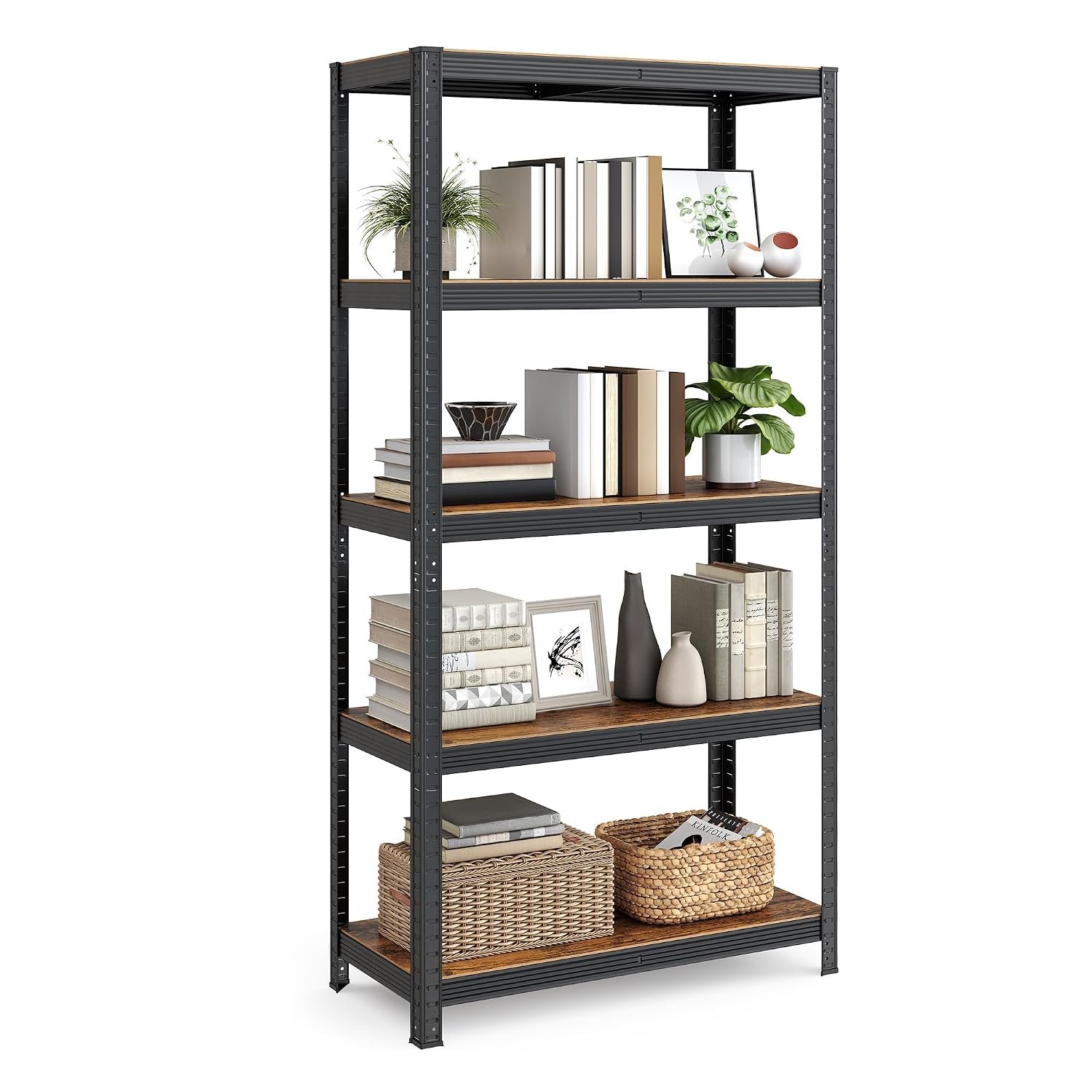 SONGMICS Shelving Unit, 40 x 90 x 180 cm, 875 kg Load Capacity (175 kg per Shelf), Industrial, Adjustable Storage Shelves, for Living Room, Kitchen, Garage, Rustic Brown and Black GLR040B11