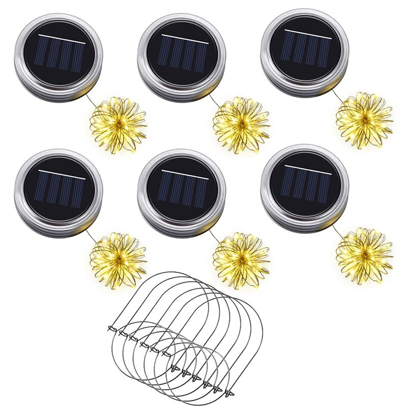 Ymenow Mason Jar Lights Solar Powered, 6pcs Battery Operated Hanging Lanterns Replacement Solar Jar Lids LED Outdoor Waterproof String Lights for Garden Yard Wedding Decor(No Jars Included)