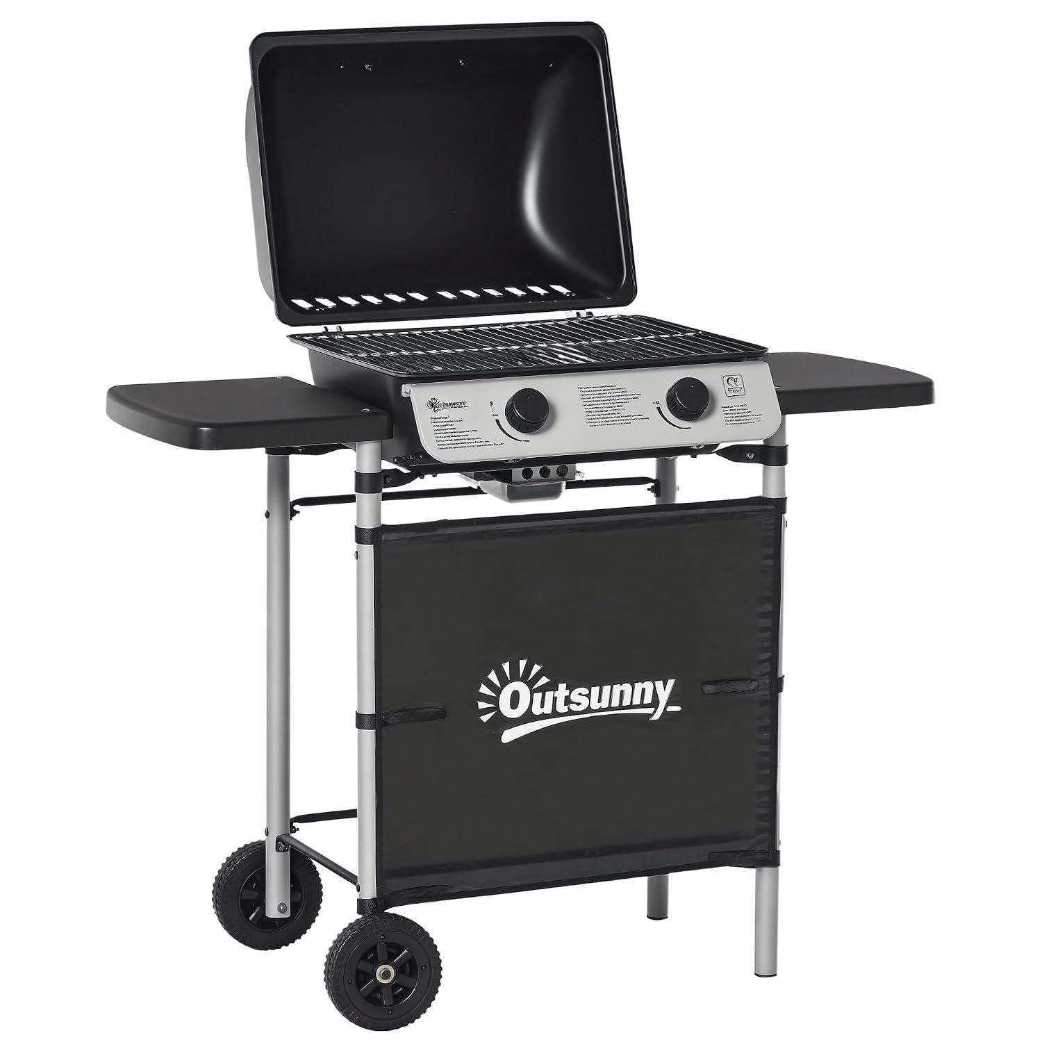 Outsunny 2 Burner Gas BBQ Trolley with Lid, 5.6 kW Gas Barbecue Grill with Wheels, Side Shelves for Home Patio Garden Party Outdoor Cooking, Black
