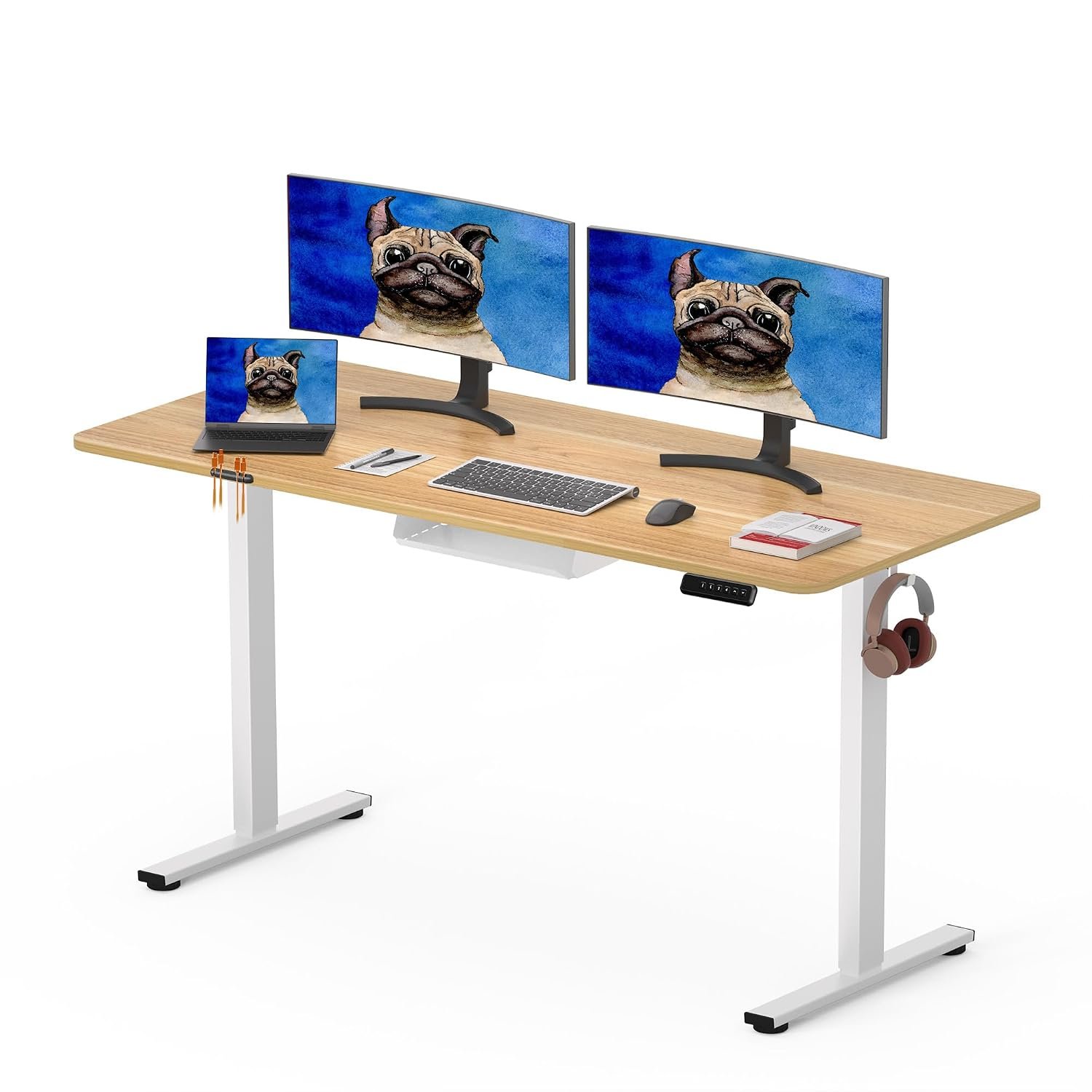 SANODESK 120 x 60cm Electric Standing Desk ONE PIECE DESKTOP Height Adjustable Desk Sit Stand Table Home Office Desk with Memory Smart Pannel for Work (White Frame+Maple Desktop)