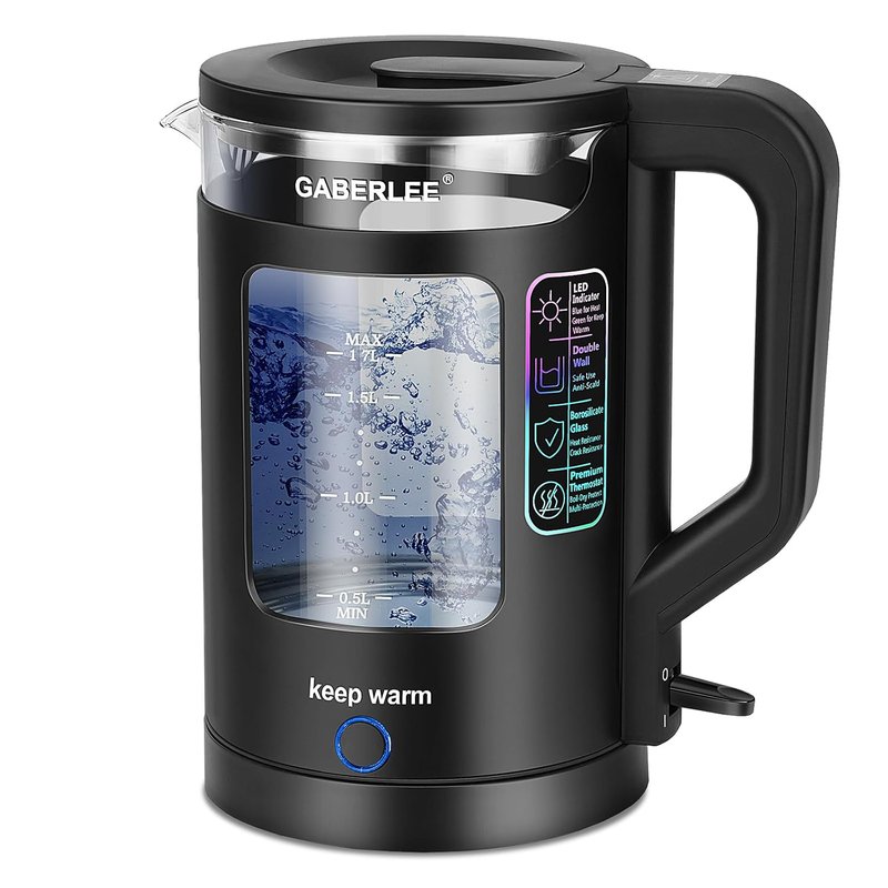 GABERLEE Electric Kettle, 1.7L, 3000W Fast Boil Quiet Glass Tea Kettle with Keep Warm Function, Blue LED, Anti-Limescale Filter, Auto Shut-Off & Boil-Dry Protection, BPA-Free, Black