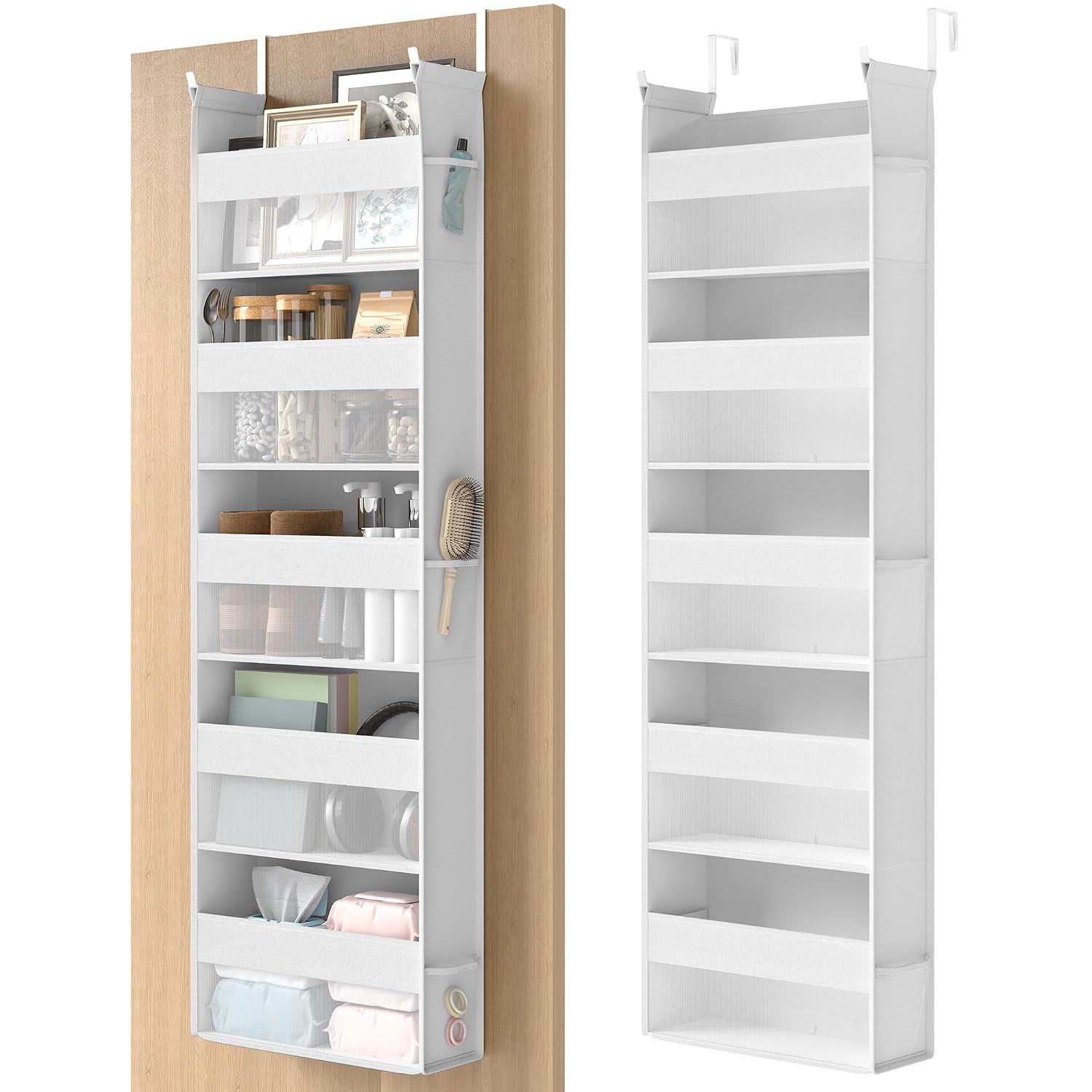 SONGMICS Over the Door Organiser, Hanging Door Organiser with 5 Large Pockets, 5-Tier Fabric Storage, Transparent Nylon Mesh, Foldable, Metal Hooks, with Side Pouches, Cloud White RDH007W01