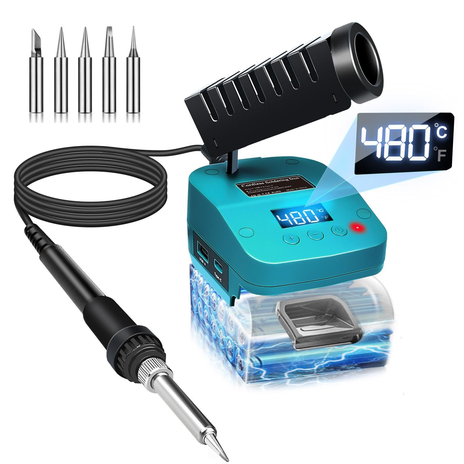 Cordless Soldering iron for Makita 18V Battery Fast Heating,Electric Digital LCD Soldering Station With USB and Type C Charge Ports,Portable Adjustable Solder iron kit for DIY,jewelry,Appliance Repair