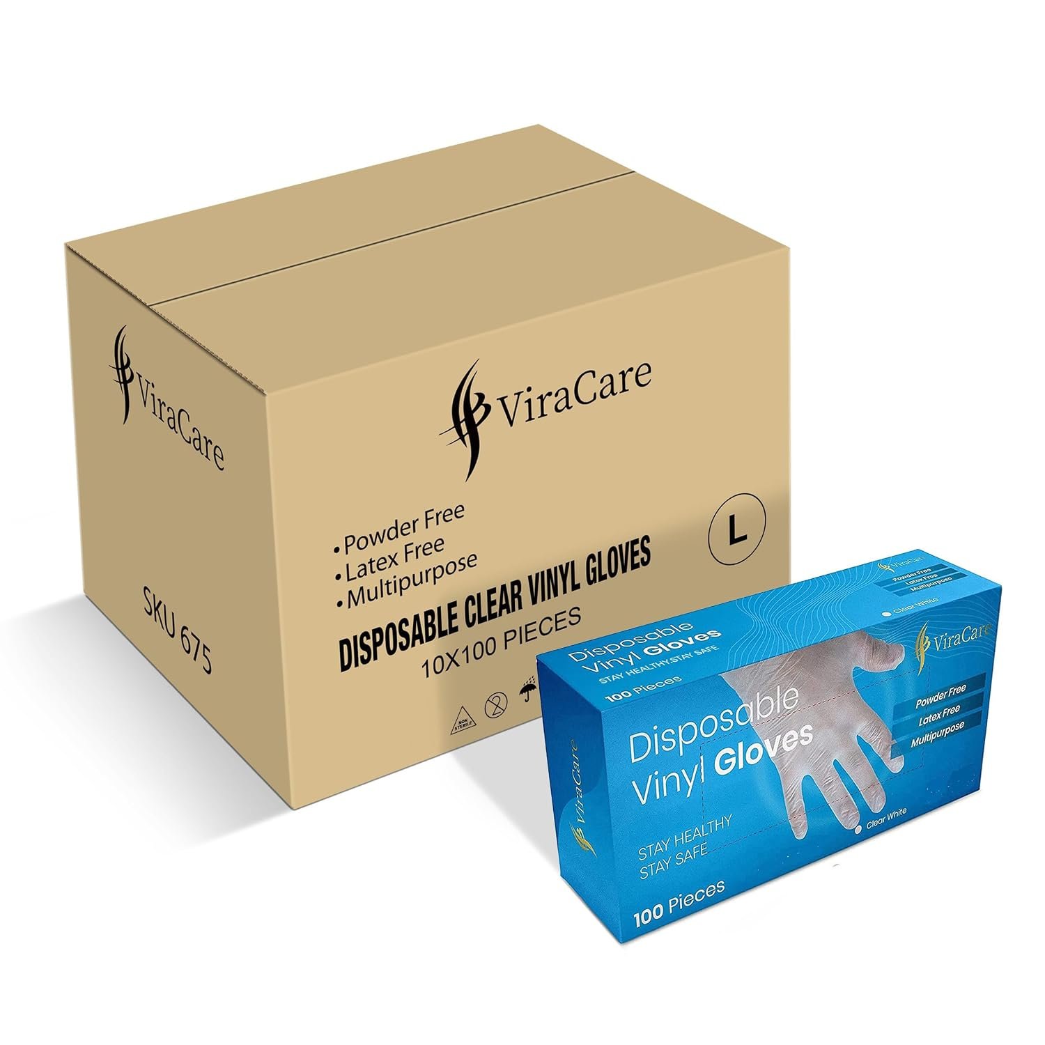 ViraCare 1000 x Disposable Gloves Large | Vinyl Gloves Disposable | Latex free gloves | Powder Free Gloves | Strong And Non-Sterile | (Large)