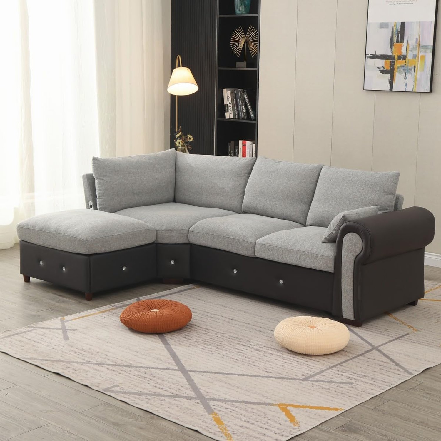 Panana Faux Leather with Fabric L Shape Corner Sofa Chaise,4 or 5 Seater with Built-in USB Charging Port (Light Grey, 4 Seater Ruched Arm)