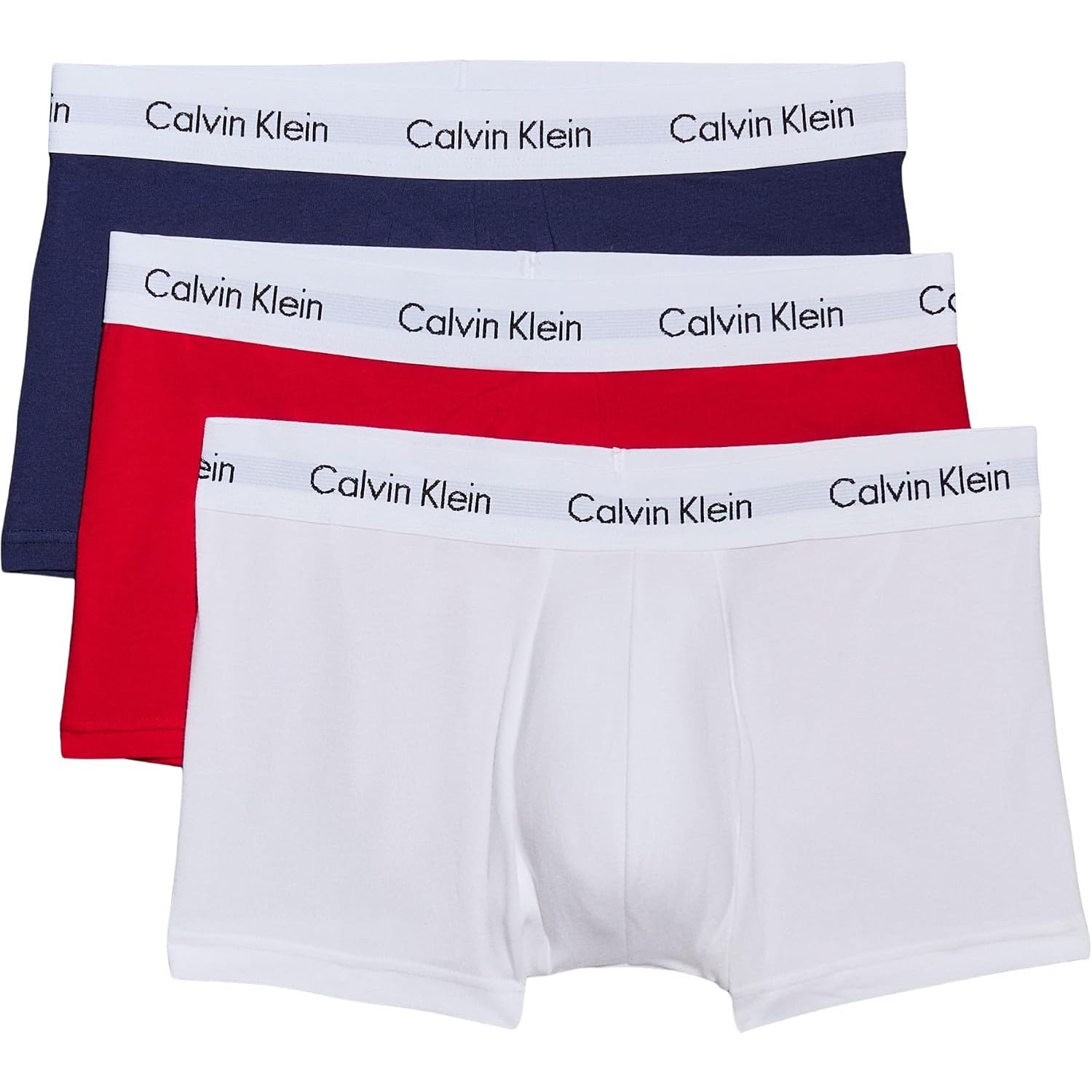 Calvin Klein Men’s 3 Pack Low Rise Trunks Underwear, Multicolor (White/Red Ginger/Pyro Blue), M