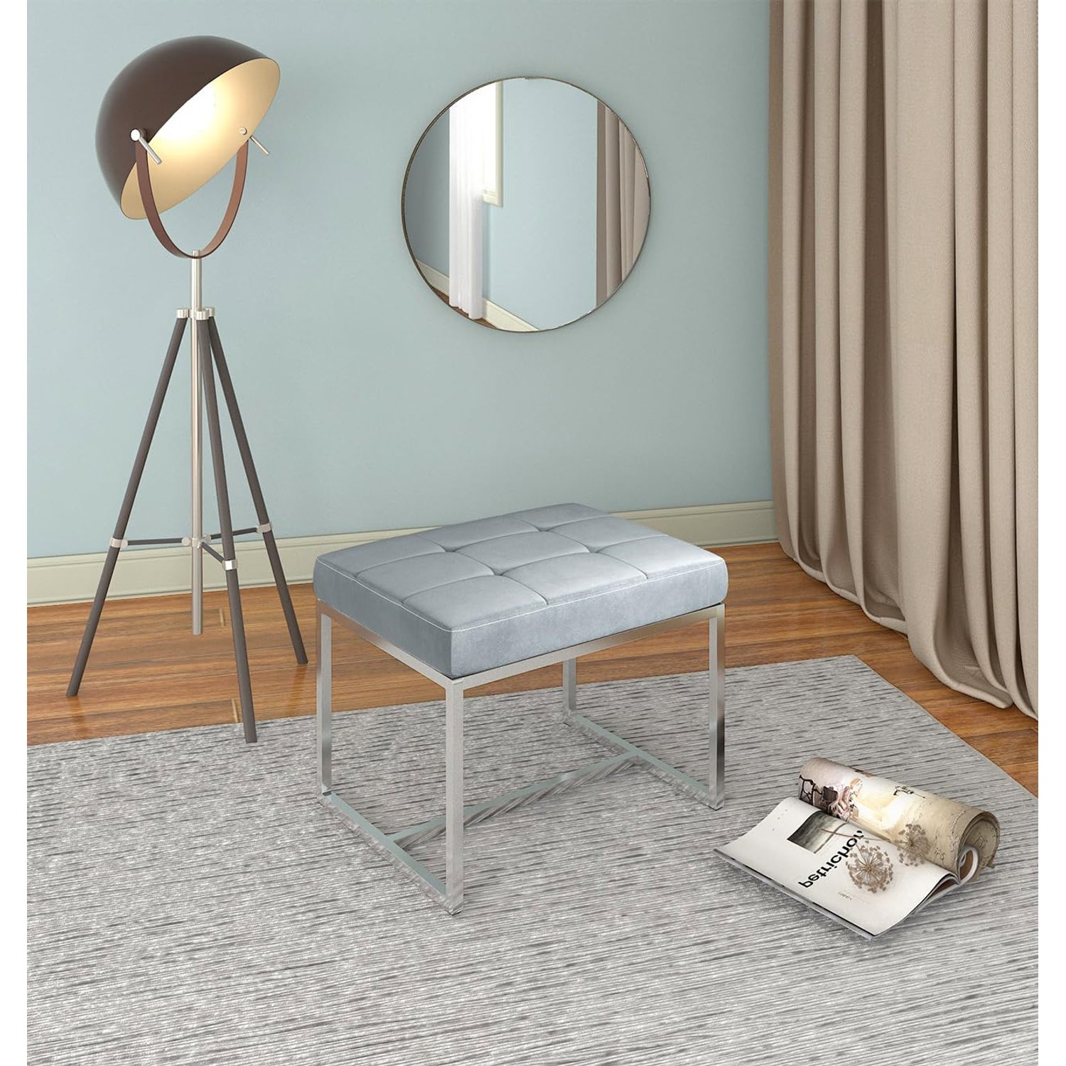 Hallowood Furniture Finley Grey Dressing Table Stool, Velvet Footstool with Chrome Metal Legs and Cushioned Seats Foot Stool, Dressing Table Chair, Stylish Living Room, Hallway and Bedroom Furniture