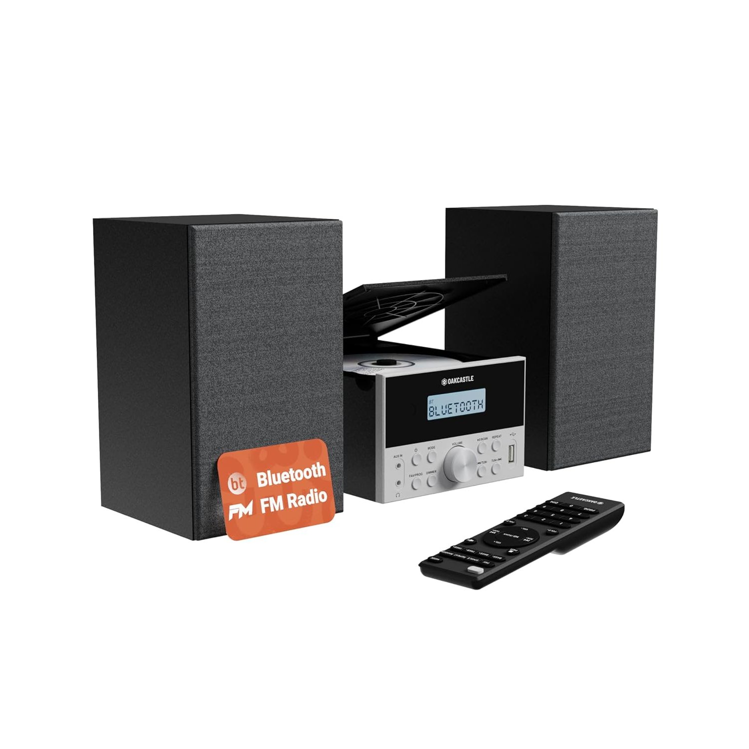 5.2 Bluetooth CD Player with Speakers | Powerful 20W Compact HiFi System with EQ Settings | FM Radio, 30 Presets, Wooden Build, Remote Included | USB, AUX, Plays MP3, CDs, CD-Rs | OAKCASTLE HIFI150