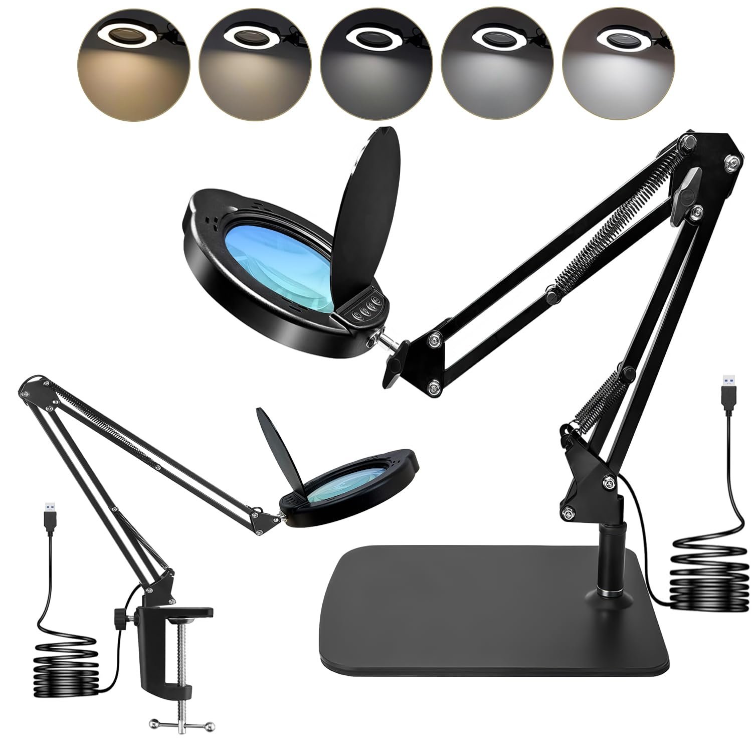 15X Magnifying Glass Desk Lamp with Clamp and Base, Real Glass Lens, 84 LEDs, 5 Color Modes Dimmable, Led Lamp Magnifier with Dust Cover, Clean Cloth, for Seniors, Crafters, Hobbyists