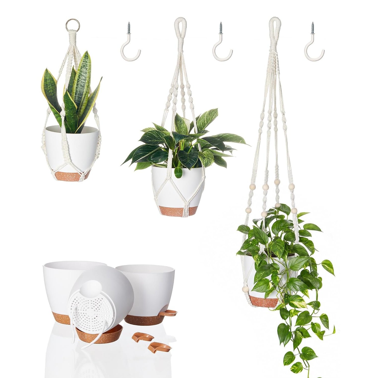Bamworld 3 Pack Hanging Plant Pots, Macrame Plant Hangers Indoor Outdoor Plants, 3 Set Self Watering Flower Pots Holder for Home Garden Balcony Ceiling Decorations
