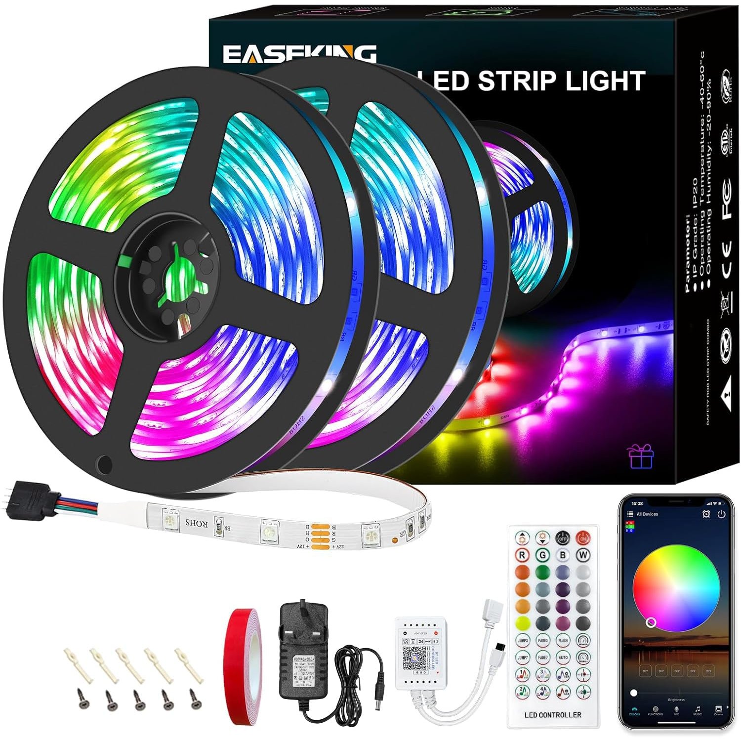 easeking Led Strip Light Outdoor IP65 Waterproof App and IR Remote Control, Led Lights for Bedroom Cuttable and Linkable, Led Strips for Room Decor RGB Led Strip (10M/32feetA)
