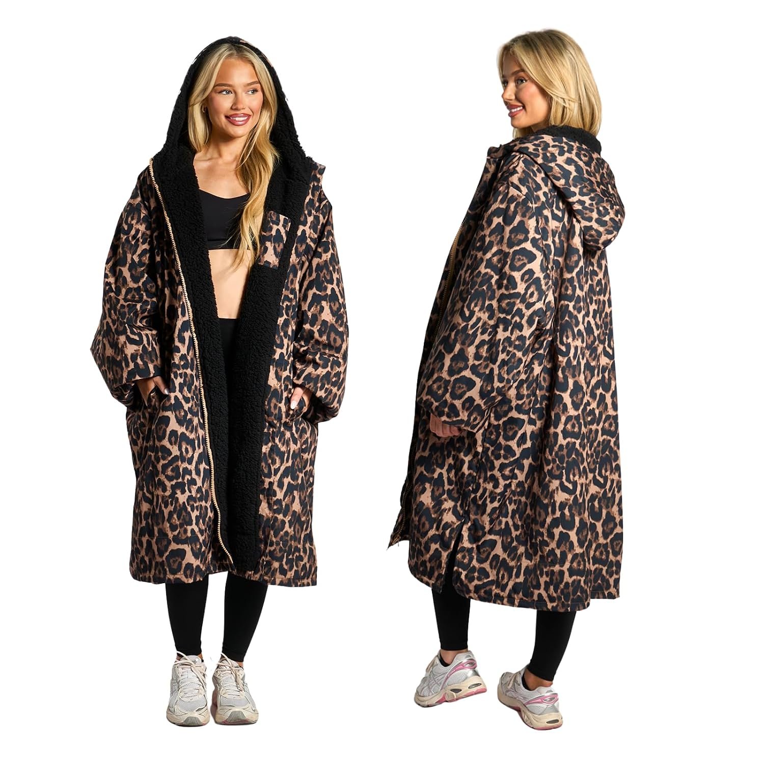 OHS Womens Changing Robe, Stylish Lightweight Waterproof Jacket with Hood Breathable Windbreaker Outdoor Coat with Pockets for Swimming Surfing, Leopard Print