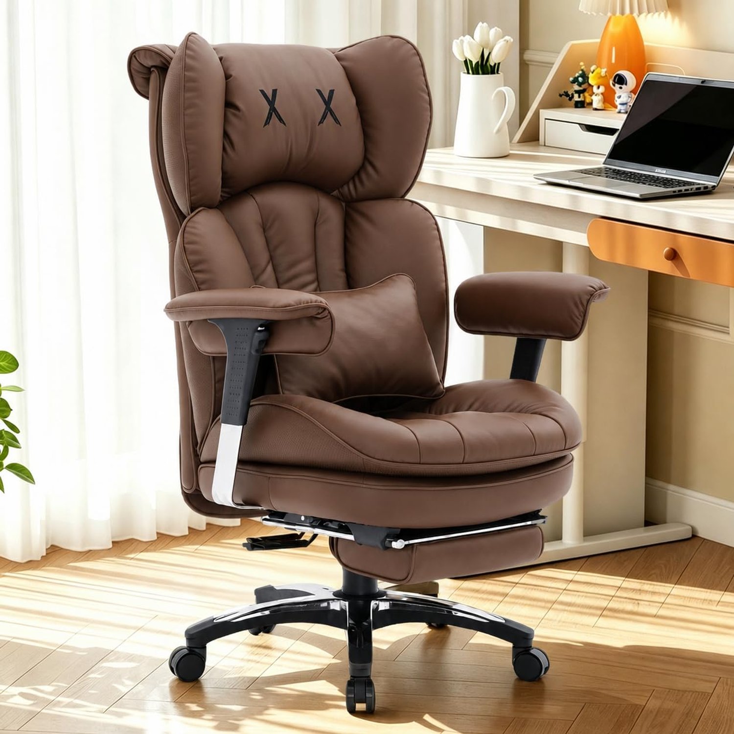 Efomao Desk Office Chair, Heavy Duty 200kg Big and Tall Executive Computer Chair, Unique XX Embroidery Ergonomic High Back PU Leather Chair with Retractable Footrest, Brown