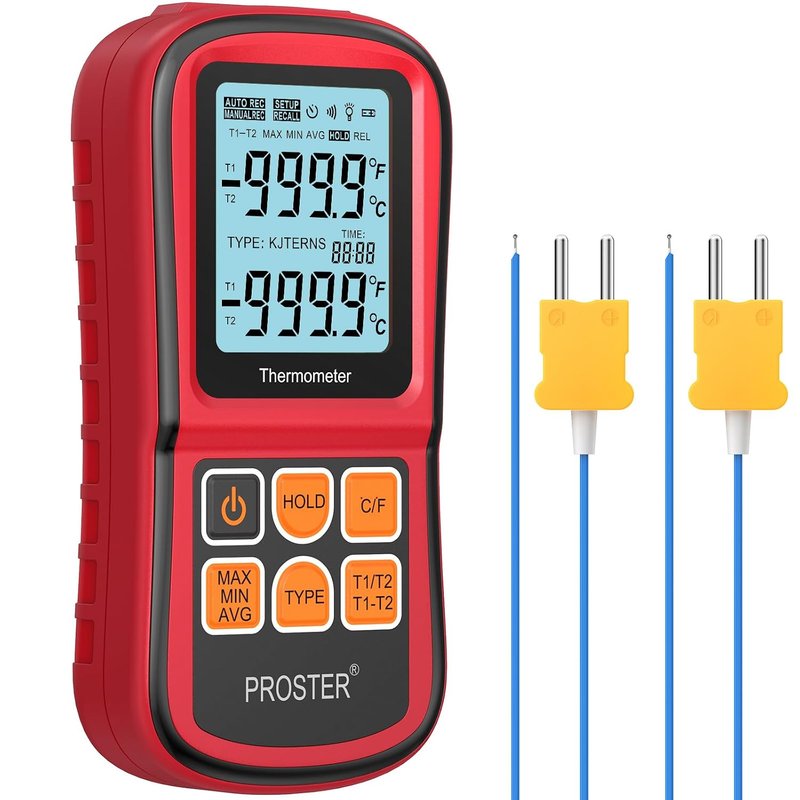 Proster Digital Thermometer Dual Channel - K-Type Thermocouple Temperature Meter -50℃~1300℃ with 2 Probe, LED Backlight & Hold Data Thermocouple Thermometer for HVAC, Pool, Pottery & Industrial Use
