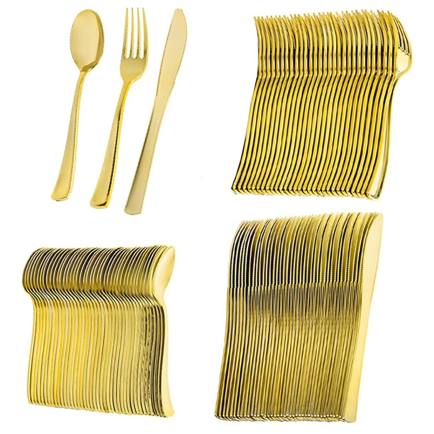GJIE 150 Elegant Gold Plastic Cutlery Set - 50 Knives, 50 Forks, and 50 Spoons - Hand Washable and Reusable Heavy Duty Tableware for Weddings Birthday Party and Events (150 Pcs)