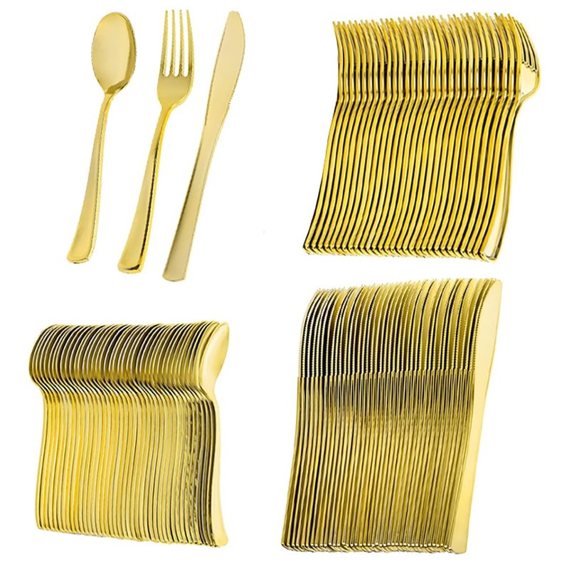 GJIE 150 Elegant Gold Plastic Cutlery Set - 50 Knives, 50 Forks, and 50 Spoons - Hand Washable and Reusable Heavy Duty Tableware for Weddings Birthday Party and Events (150 Pcs)