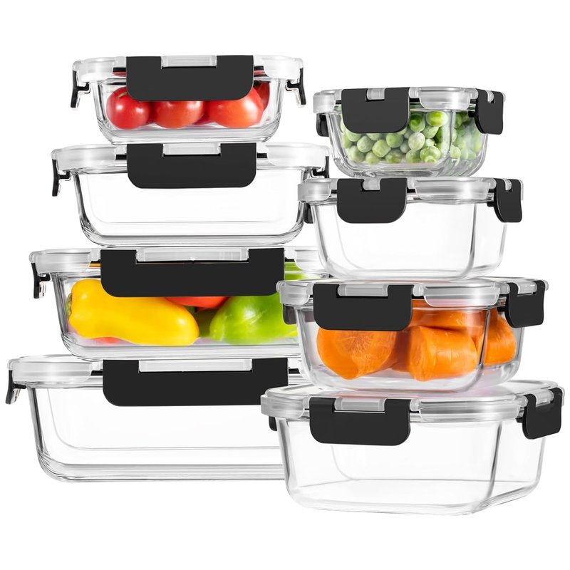 Houbobo 8 Pack Glass Food Storage Containers with Lids, Reusable cMeal Prep Containers, Leak Proof Food Containers for Lunch & Meal Prep, Oven, Freezer & Dishwasher Safe, BPA-Free, 150ml to 1040ml