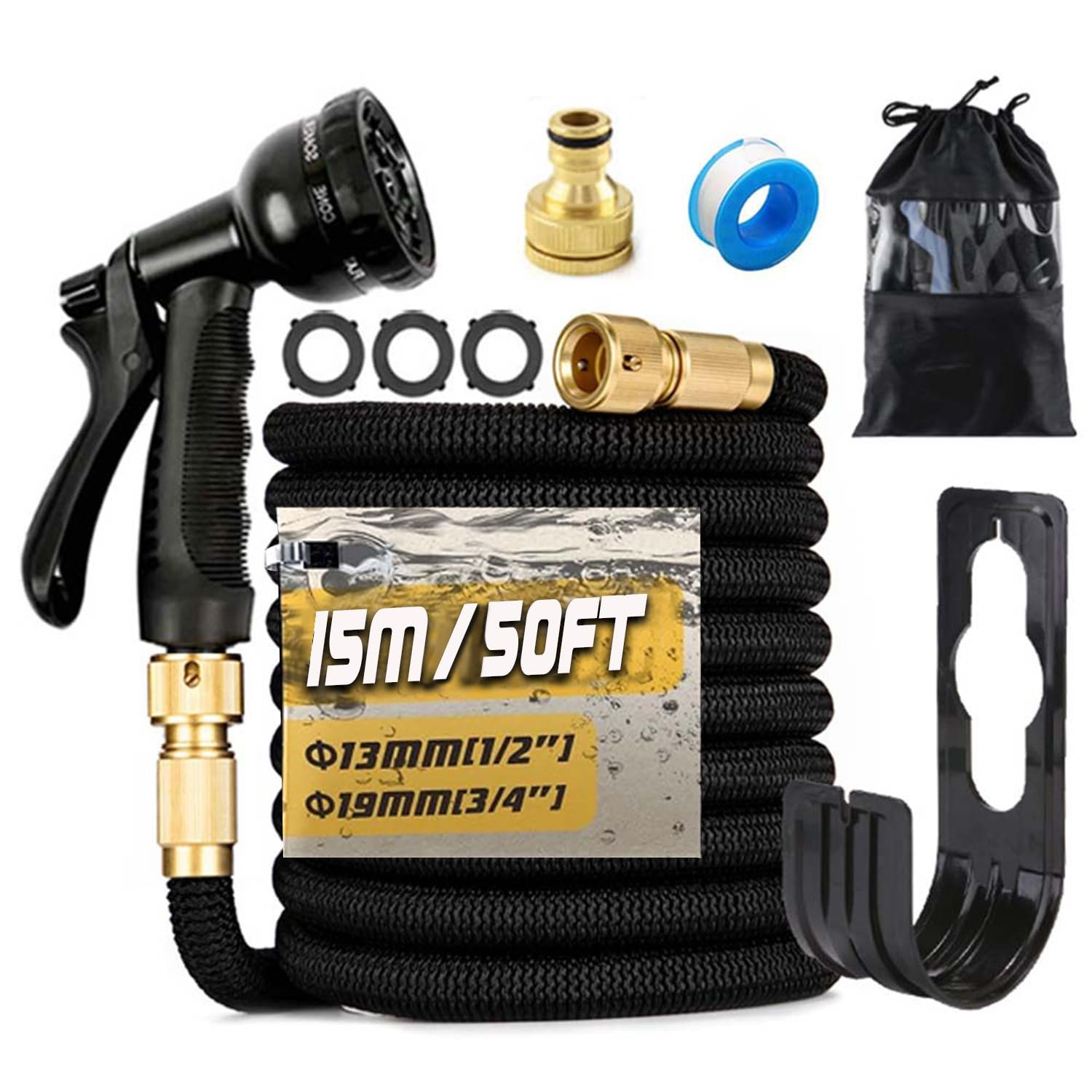 200FT/60M Expandable Garden Hose Flexible Magic Garden Hose Pipe with 3/4" 1/2" Fittings, 8 Function Spray Nozzle, 3-Layer Latex Tube (Black)