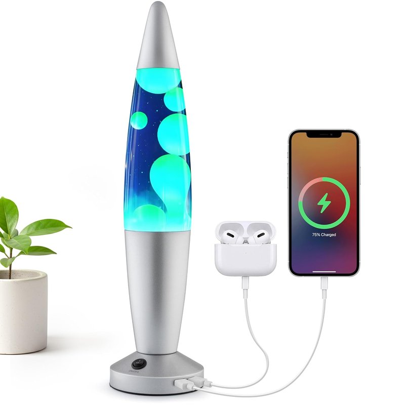 Jambo Beautiful Liquid Lamp with USB Ports, 16" Motion Light with Blue Liquid Yellow Wax, Relaxing Nightlight, Mood Light for Bedroom, Living Room, Office - Adults, Teens, Kids