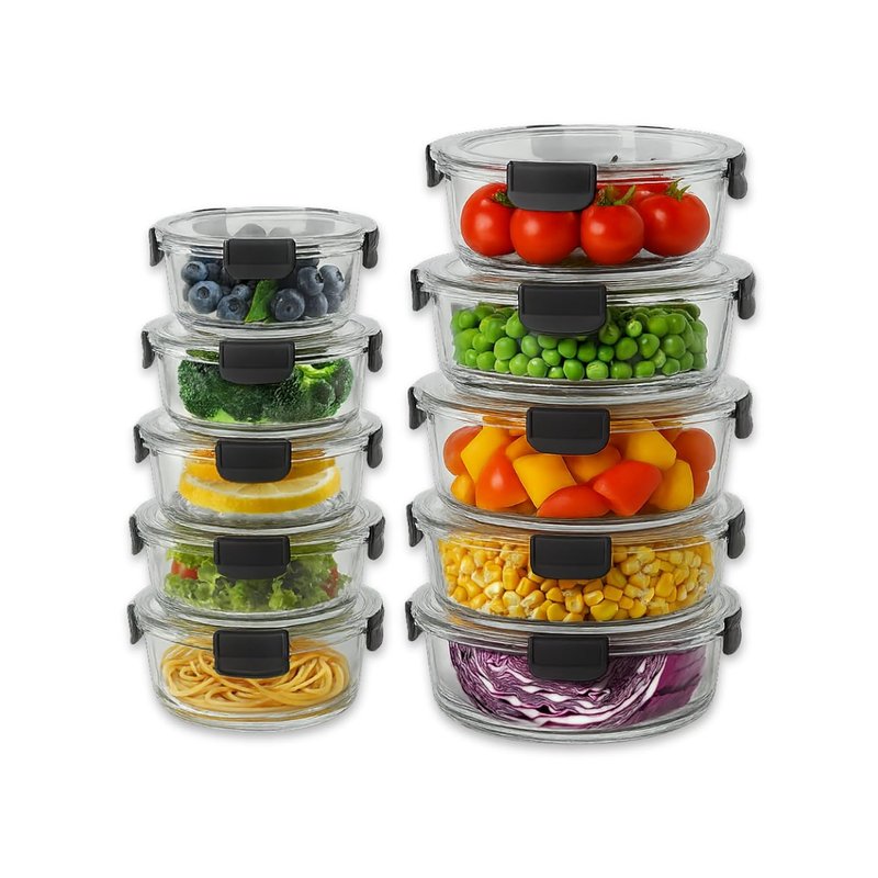 Straame Glass Meal Prep Containers with Airtight Lids – 10-Pack (5×950ml + 5×400ml) – Reusable Glass Food Storage Containers with Lids – Leakproof, Freezer, Ov-en, Microwave & Dishwasher Safe (Round)