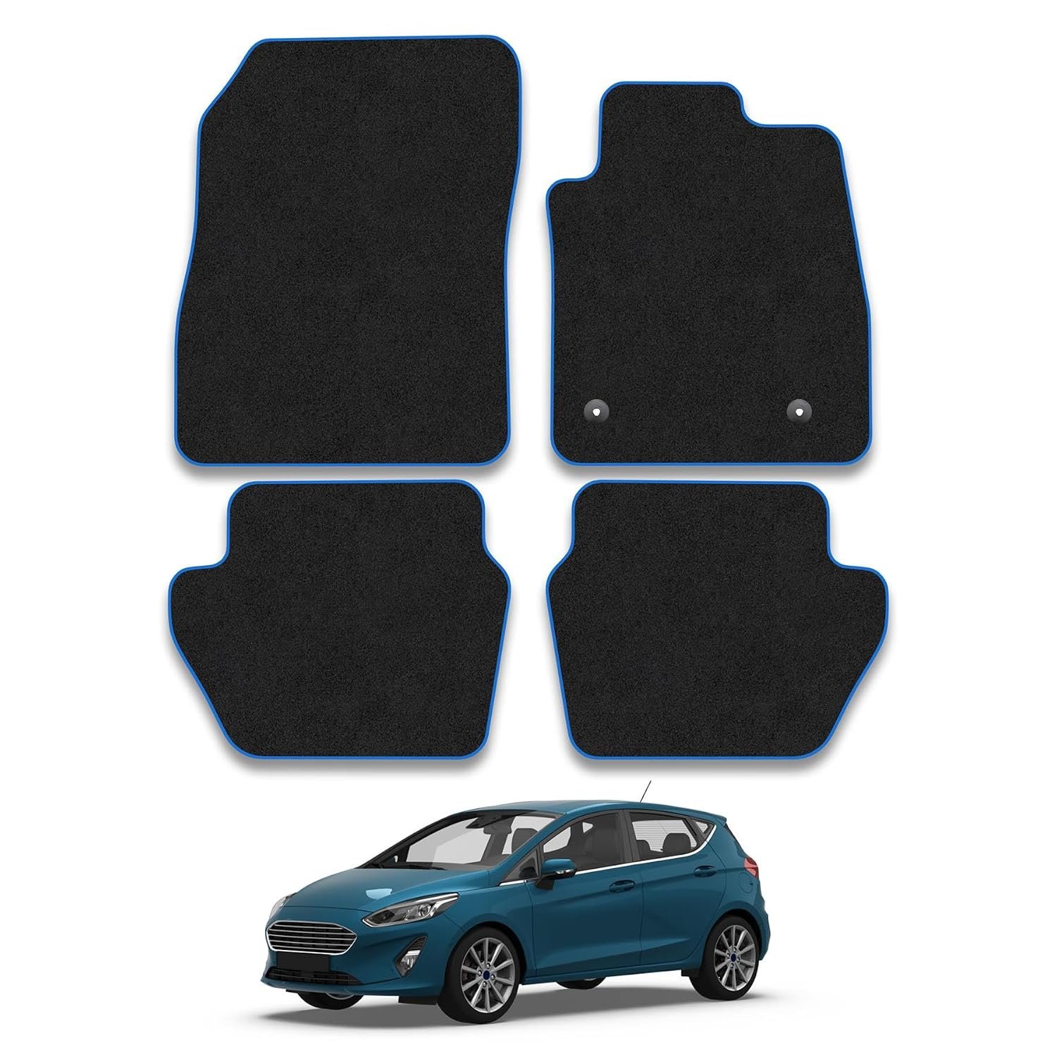 Ford Fiesta (2017+) Compatible Car Mats Accessories Carpet Tailored Fit Blue Trim Binding Full Coverage Custom Fit Accessory Hand-Finished Floor Mats All Weather Full Coverage With Clips