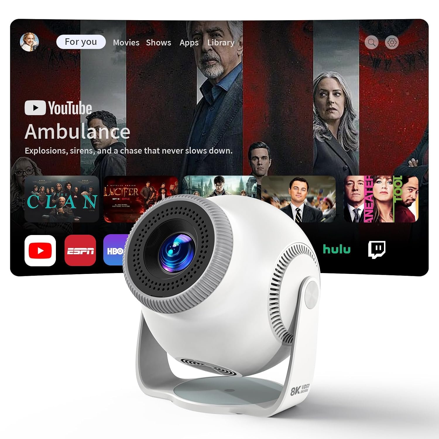 Mini Projector with 4K & 1080P Support, Android 14 Smart System, 8K Decoding, 480 ANSI Lumens, Wi-Fi 6 and Bluetooth 5.4, Auto Keystone, 180° Rotatable Projector for Bedroom(Bright White)
