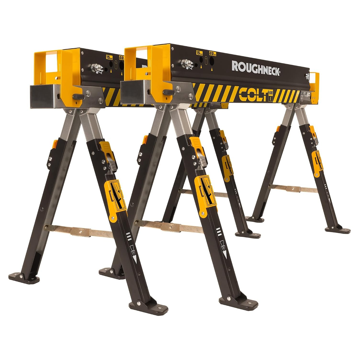 Roughneck COLT 600E Sawhorse, Heavy Duty Steel Construction, Weight-Baring Capacity 589kg each, 1178kg Per Pair with Height Adjustable Legs for Woodworking & Construction – 2 Pack