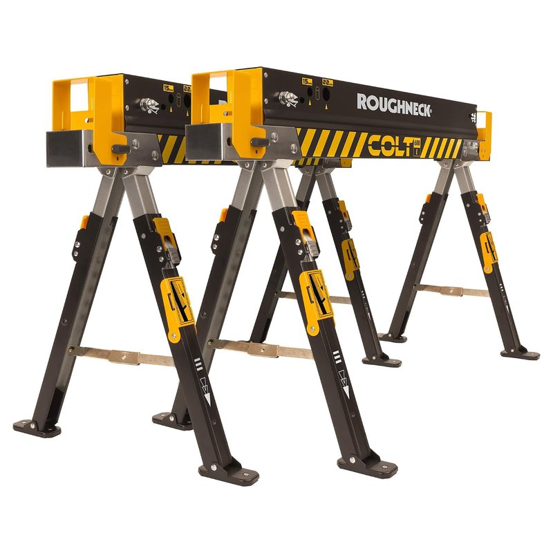 Roughneck COLT 600E Sawhorse, Heavy Duty Steel Construction, Weight-Baring Capacity 589kg each, 1178kg Per Pair with Height Adjustable Legs for Woodworking & Construction – 2 Pack