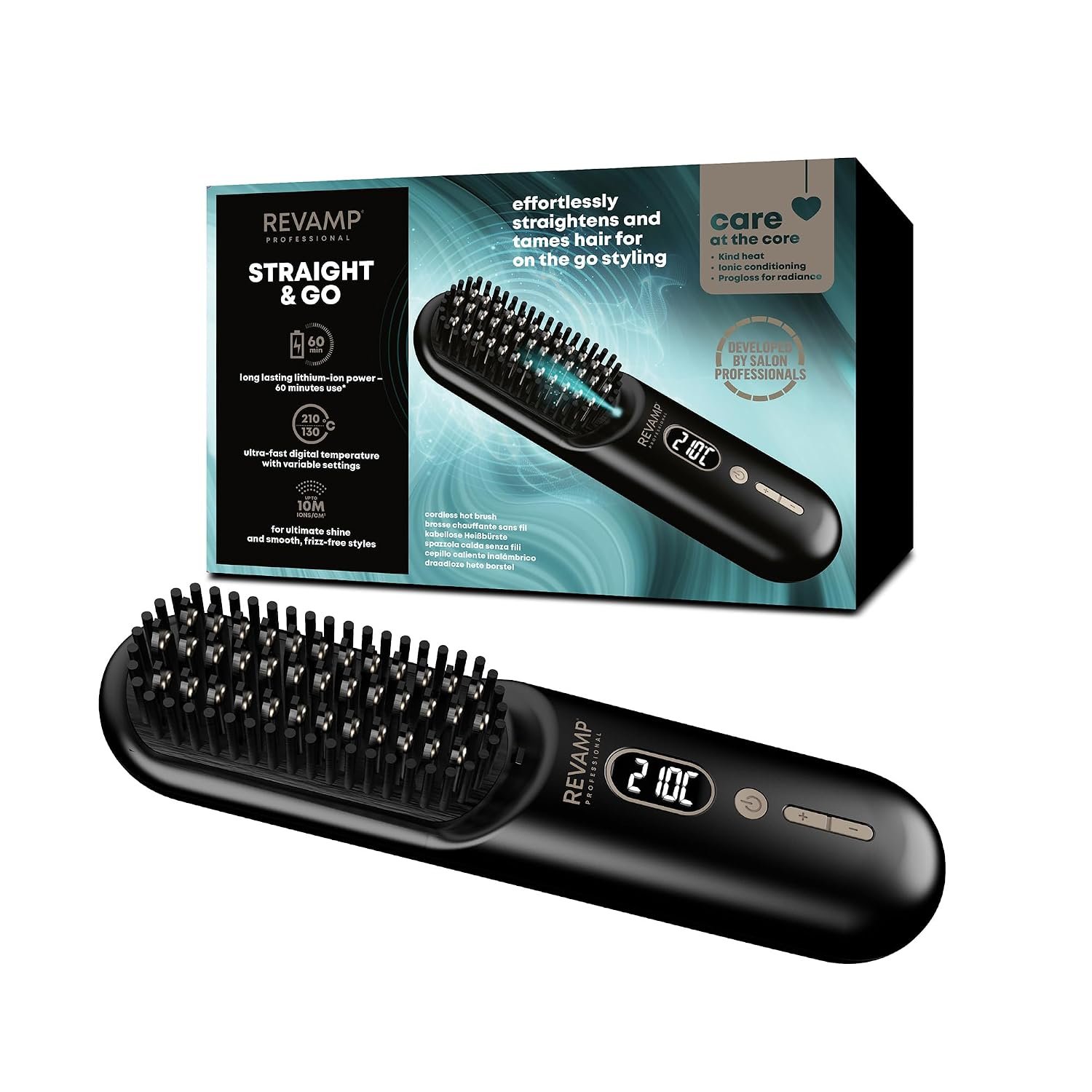 REVAMP Straight & Go Compact Cordless Straightening Brush - Portable Hair Straightener Brush, Ionic Technology, Ceramic Teeth, USB-C Charge, 60 Mins Use, Touch Up Travel Hair Styling, Smoothing Frizz