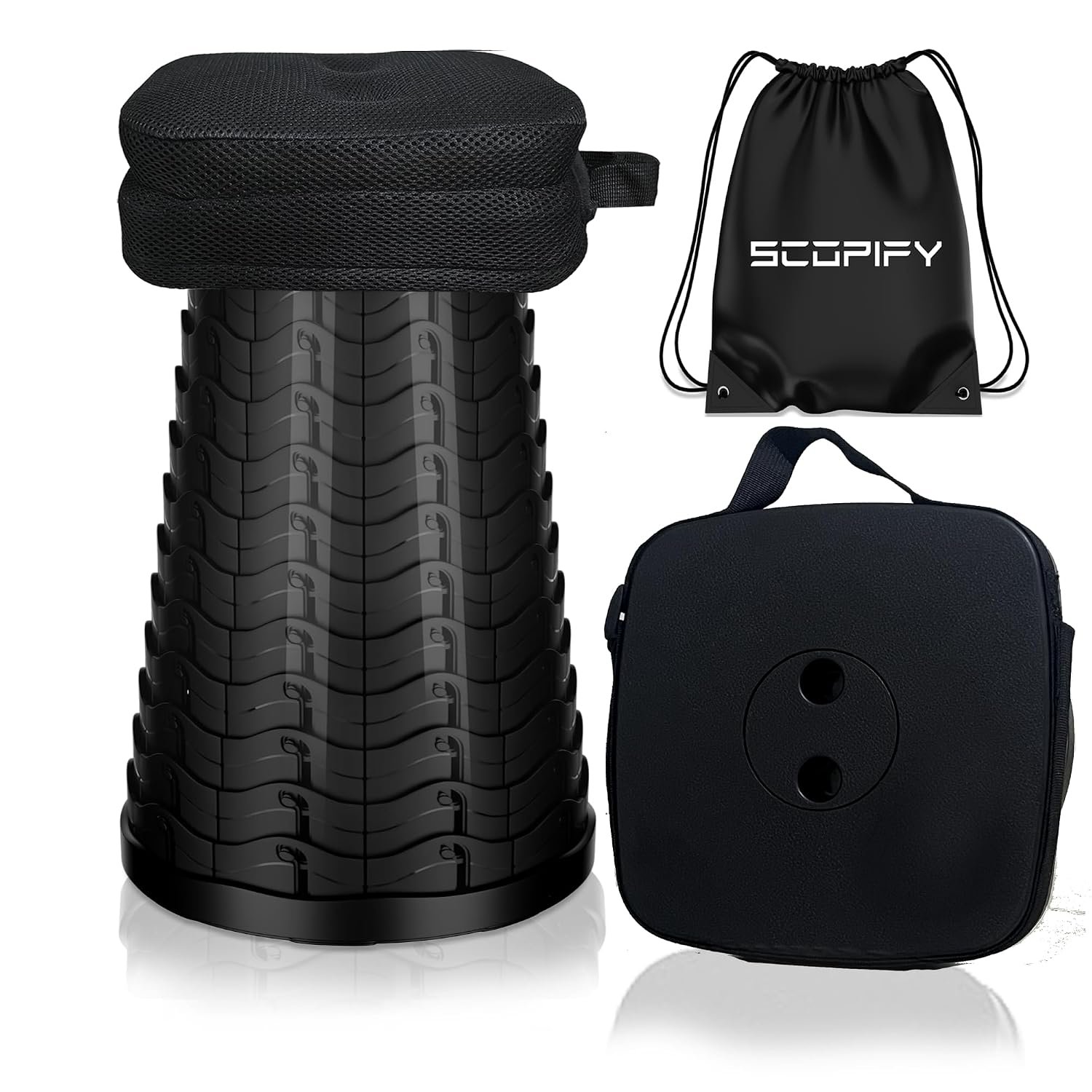 SCOPIFY Collapsible Telescopic Folding Stool with Cushion & Carry Bag, Heavy-Duty Portable Stool for Adults, Adjustable Lightweight Camping Travel Stool, 200KG Capacity