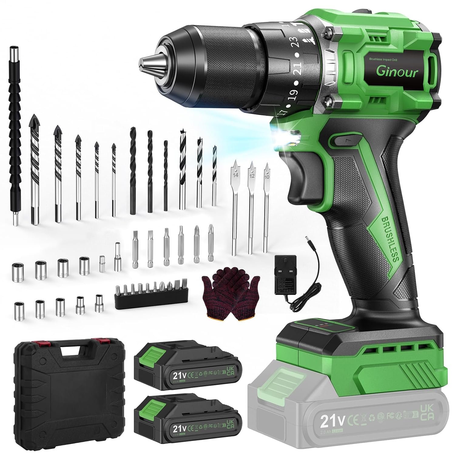Ginour 21V Brushless Cordless Combi Drill Set, 2x2.0Ah, Hammer Drill 50Nm, compatible with Makita 18V Battery, 23+3 Torque, 2 Speed, 48PCS Electric Screwdriver kit, Impact drill for Masonry Wood Metal