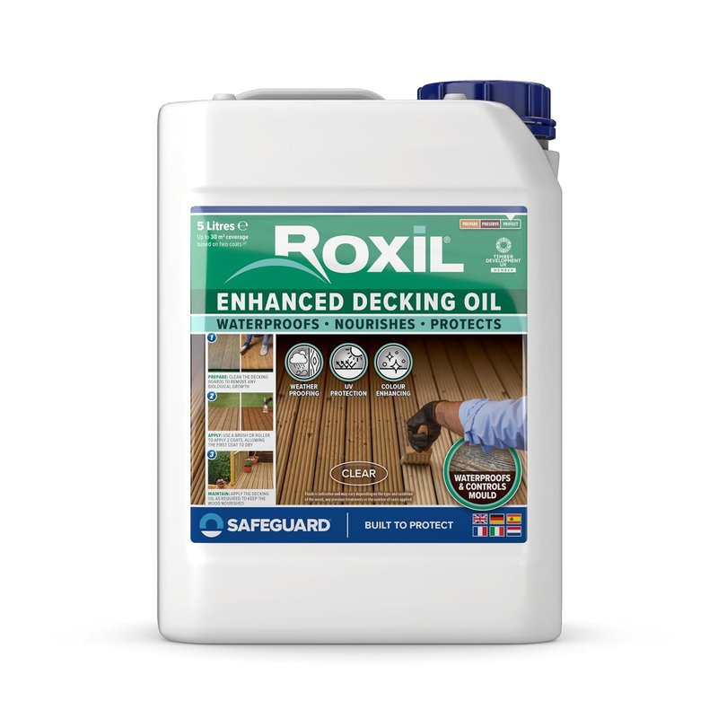 Roxil Decking Oil 5L Clear - Enhanced, Weatherproof, Nourish and Protect Outdoor Wood with Added UV Protection