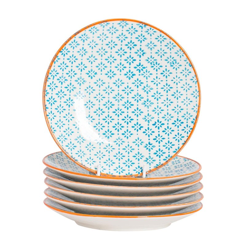 Nicola Spring Hand-Printed Side Plates - 18cm - Blue - Pack of 6 - Porcelain Decorative Patterned Dining Dish Plates for Snacks, Starters, Dinner, Dessert
