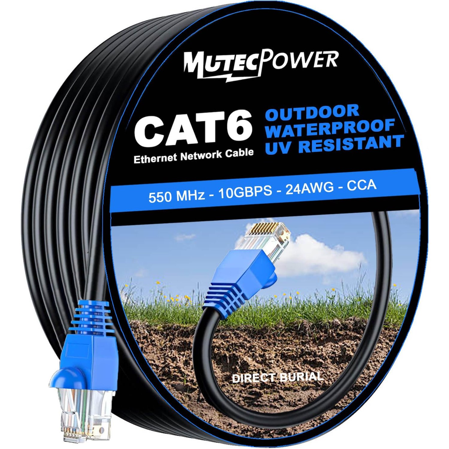 MutecPower 50m CAT6 Outdoor waterproof Direct Burial Ethernet Network Cable - UTP - CCA - 550 Mhz - Black 50 meter
