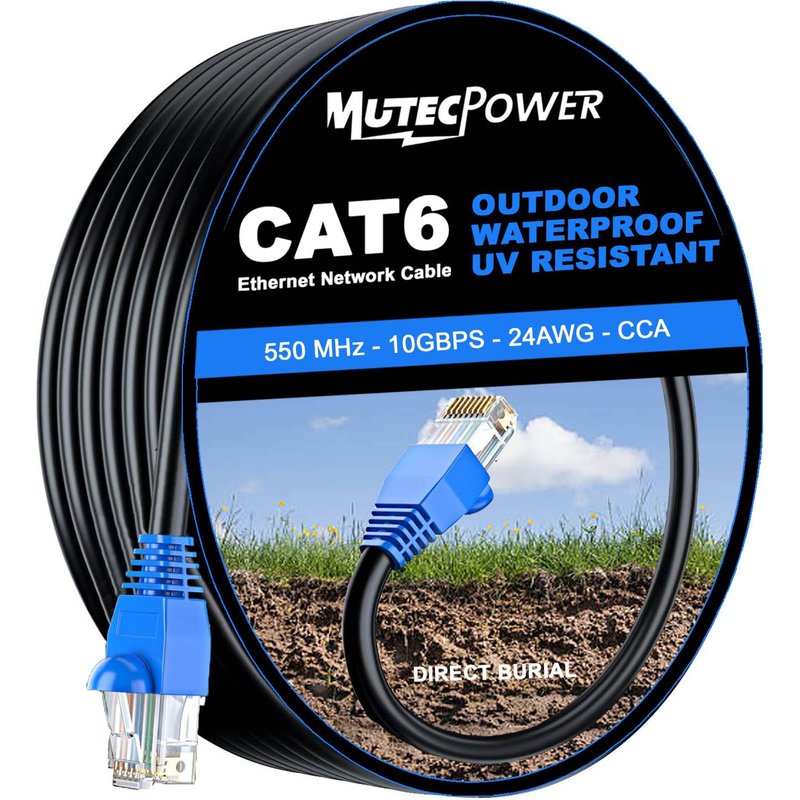 MutecPower 50m CAT6 Outdoor waterproof Direct Burial Ethernet Network Cable - UTP - CCA - 550 Mhz - Black 50 meter