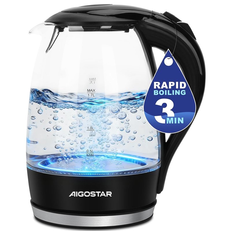 Aigostar Adam 30KHH Glass Electric Kettle, 2200W Fast Boil, 1.7L BPA-Free Water Boiler with LED Light, Auto Shut-Off & Boil-Dry Protection, Borosilicate Glass, Black